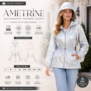 Puede incluir: Un patrón de costura digital para una chaqueta con capucha holográfica Ametrine. El producto incluye archivos PDF para tamaños A4 y carta de EE. UU., patrones en capas e instrucciones paso a paso con cordón en la cintura.