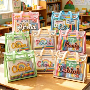 May include: A collection of seven clear plastic tote bags with colorful handles, each containing educational books, colored pencils, and a personalized name tag in cursive script. The names include Amelia, Lily, Oliver, Peadan, Maela, Chiver, Charlie, and Delilah.