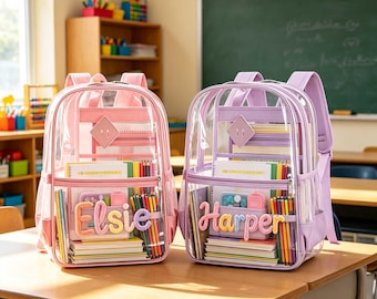 Gepersonaliseerde transparante rugzak voor kinderen, schooltas van PVC met eigen naam, cadeau voor de eerste schooldag, tas voor sportwedstrijden of concerten.