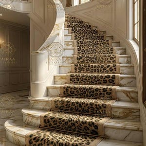 Puede incluir: Una escalera curva con escalones de mármol blanco y vetas doradas, adornada con una alfombra con estampado de leopardo asegurada por varillas metálicas. La escalera incluye una balaustrada blanca en una habitación con paredes paneladas.