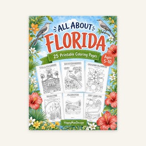 Puede incluir: Una portada de libro para colorear digital titulada All About Florida con 25 páginas imprimibles para edades de 5 a 10 años. El diseño presenta flores tropicales, hojas de palma y aves que rodean seis ilustraciones en blanco y negro de Florida.