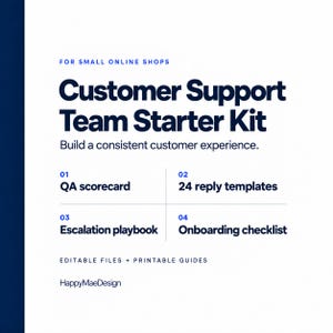 Könnte beinhalten: Ein digitales Dokument mit dem Titel Customer Support Team Starter Kit für kleine Online-Shops. Es listet vier Komponenten auf: 01 QA scorecard, 02 24 reply templates, 03 Escalation playbook und 04 Onboarding checklist. Enthält bearbeitbare Dateien und druckbare Anleitungen.