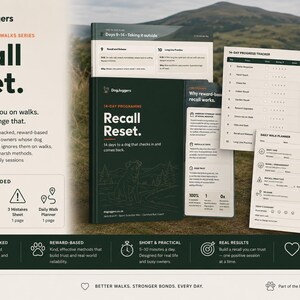 May include: A digital guide titled Recall Reset from the DogJoggers Better Walks Series, featuring a 14-day programme, progress tracker, and daily walk planner. The set includes four PDF files with research-backed, reward-based training methods.