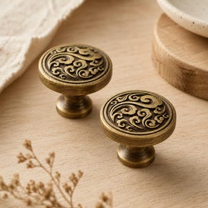 Vintage Brass Cabinet Knobs, Antique Drawer Pulls, Embossed Cabinet Handles, Retro Kitchen Dresser Knobs,