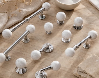 Vintage Chrome Drawer Pull, Marble Accent Furniture Hardware, Pendant Cabinet Handle, Home Upgrade