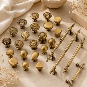 May include: A collection of antique brass cabinet hardware including various round knobs with floral, ribbed, and smooth finishes, alongside several long, slender drawer pulls with decorative detailing and a small triangular knob.
