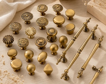 Poignées de meubles en laiton vintage français, poignées de tiroir anciennes, boutons ronds, quincaillerie de garde-robe classique