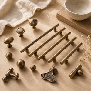 Antique Brass Cabinet Handles, Vintage Drawer Pulls, Solid Retro Furniture Hardware