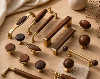 Walnut Wood Cabinet Handles,  Brass Wardrobe Handles, Kitchen Cabinet Decor