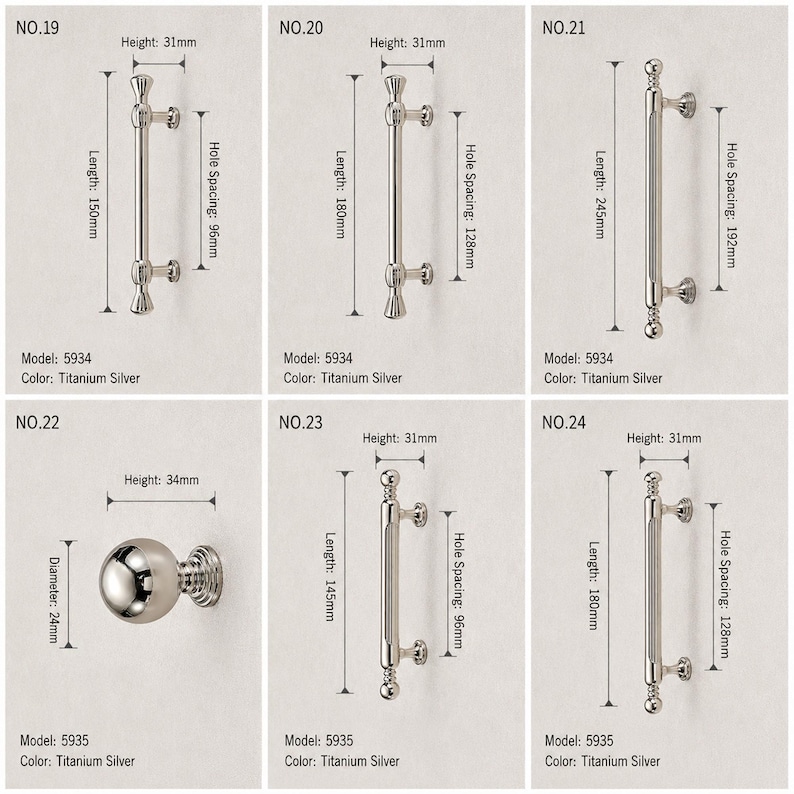 May include: A collection of titanium silver cabinet hardware including five bar pulls and one round knob. Each item is labeled with model numbers 5934 or 5935, showing specific metric dimensions for length, height, and hole spacing for each piece.