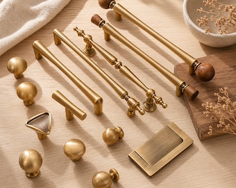 French Brass Cabinet Handles, Walnut Drawer Pulls,  Mid Century Cabinet Knobs, Retro Decor