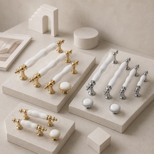 May include: A collection of cabinet hardware featuring white ceramic handles and knobs with metallic bases. The set includes gold-toned and silver-toned finishes, showcasing various lengths of wavy-shaped pulls and round knobs arranged on stone blocks.
