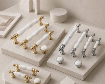 Keramik-Schrankgriffe in Gold und Weiß, Porzellan-Küchenschrankknöpfe, Vintage-Möbelbeschläge