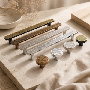 May include: A collection of cabinet hardware including three long rectangular pulls and four round knobs. The hardware features a textured, cross-hatched pattern on the top surfaces and comes in black, antique brass, and polished silver metal finishes.