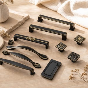 May include: A collection of black and gold cabinet hardware including various drawer pulls, knobs, and a rectangular drop handle. The pieces feature geometric patterns, floral motifs, and clean lines, showcasing a matte black finish with metallic gold accents.