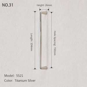 May include: A titanium silver cabinet handle, model 5521, labeled NO.31. The handle has a total length of 204mm, a height of 26mm, and a hole spacing of 192mm. The design features a smooth, elongated metallic bar with two mounting points.
