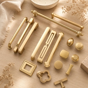 May include: A collection of brushed gold cabinet hardware including various drawer pulls, handles, and knobs. The set features diverse shapes such as rectangular, square, cylindrical, and clover-like designs with a consistent matte metallic finish.