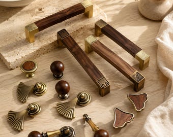 Walnut Wood Furniture Handle, Vintage Brass Drawer Pull, Modern Cabinet Hardware, Wardrobe Accessory
