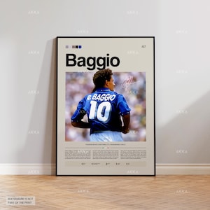 May include: A framed poster featuring a photograph of a soccer player wearing a blue jersey with the name R. BAGGIO and the number 10 on the back. The poster includes the text BAGGIO at the top, a signature, and descriptive text at the bottom.