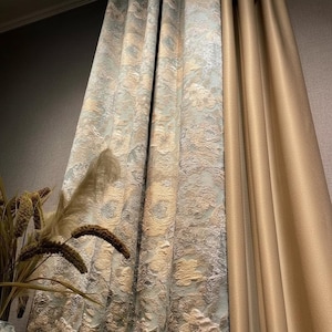 French style curtain blue and gold jacquard, vintage royal drapery panel, polyester cotton silk