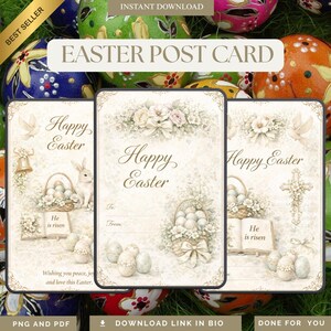 Puede incluir: Tres postales de Pascua rectangulares con fondos de color crema, arreglos florales, cestas de huevos y el texto Happy Easter. Los diseños incluyen ilustraciones de un conejo, una cruz y un libro abierto con el texto He is risen.