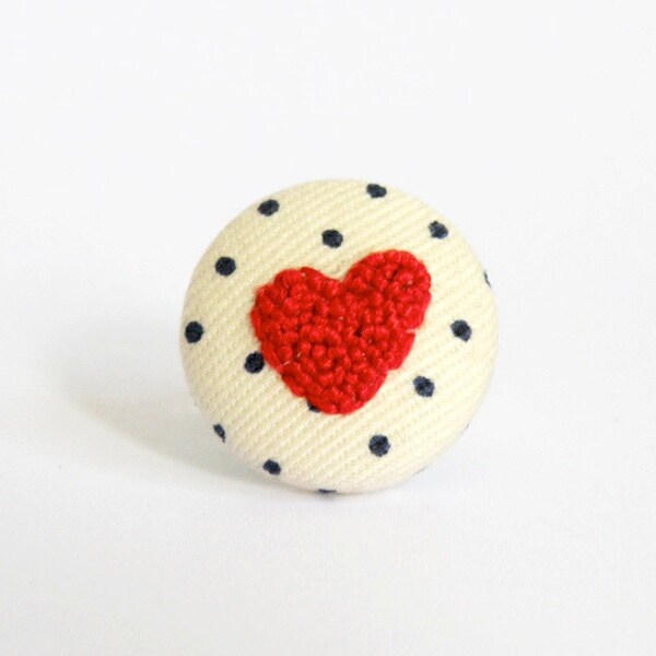 Heart ring, red french knots embroidery on polka dot fabric