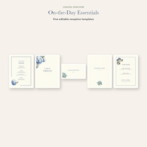 Può includere: Cinque modelli di ricevimento modificabili intitolati Coastal Heirloom On-the-Day Essentials. Il set include un menu, un segnatavolo, un segnaposto e una carta dei bar, tutti su carta color crema con illustrazioni floreali di ortensie blu.