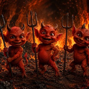 Puede incluir: Tres pequeñas figuras rojas parecidas a duendes con cuernos y orejas puntiagudas, cada una sosteniendo un tridente negro. Las figuras tienen piel texturizada, sonrisas amplias y colas delgadas frente a un fondo de llamas naranjas y rocas.