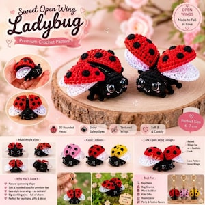 May include: Two crocheted ladybug figures with black bodies, red spotted outer wings, and white lace-style inner wings. The figures feature shiny black safety eyes and a 3D rounded head. Text on the image includes Sweet Open Wing Ladybug.