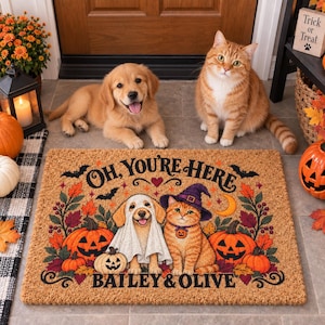 Peut inclure: Un paillasson rectangulaire en fibre de coco avec une illustration d'Halloween montrant un chiot golden retriever en costume de fantôme et un chat tigré orange avec un chapeau de sorcière violet, entourés de citrouilles, feuilles, chauves-souris et le texte OH, YOU'RE HERE BAILEY & OLIVE.