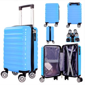 May include: A bright blue hard-shell carry-on suitcase with a ribbed exterior, four double-spinner wheels, a retractable silver handle, and a side-mounted combination lock. The interior features a zipped mesh compartment and elastic cross straps.