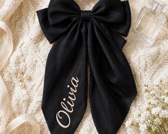 Lazo para el cabello de satén personalizado con nombre bordado a medida, elegante recuerdo nupcial, regalo de boda para damas de honor, accesorio para niñas de las flores.