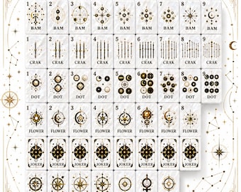 Könnte beinhalten: Ein Set rechteckiger Spielsteine mit weißem Hintergrund und goldenen sowie schwarzen Illustrationen im Himmelsdesign. Die Steine sind in Reihen angeordnet, die mit BAM, CRAK, DOT, FLOWER, JOKER, NORTH, WEST, EAST, SOUTH, GREEN, RED und WHITE beschriftet sind.