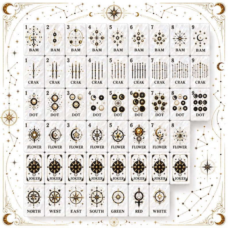 Puede incluir: Un conjunto de fichas de juego rectangulares con fondos blancos e ilustraciones celestiales en dorado y negro. Las fichas est&aacute;n organizadas en filas etiquetadas como BAM, CRAK, DOT, FLOWER, JOKER, NORTH, WEST, EAST, SOUTH, GREEN, RED y WHITE.