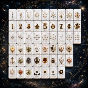 Può includere: Un set di tessere rettangolari disposte a griglia, con superfici in finto marmo bianco e illustrazioni dorate e colorate. Le tessere mostrano numeri, simboli e testo, inclusi BAM, CRAK, DOT, FLOWER, JOKER, WHITE, RED, GREEN, WEST, SOUTH, NORTH e EAST.