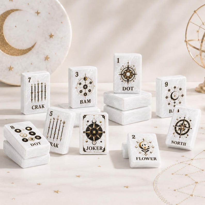Puede incluir: Un conjunto de fichas rectangulares blancas con ilustraciones y texto en dorado y negro con tem&aacute;tica celestial. Las fichas presentan varios s&iacute;mbolos, incluyendo br&uacute;julas, lunas y estrellas, con etiquetas como DOT, BAM, CRAK, JOKER, FLOWER y NORTH.