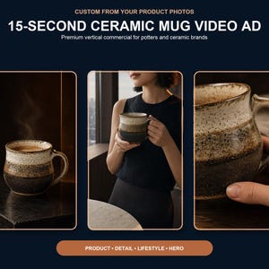 Anuncio de vídeo personalizado de 15 segundos para taza de cerámica a partir de fotos, anuncio de cerámica premium para Etsy y redes sociales.
