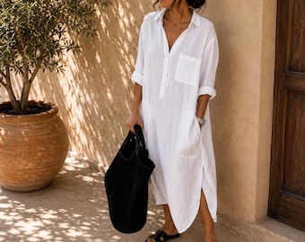 Linen Maxi Dress for Women | Oversized Loose Kaftan Dress | Casual Summer Beach Dress | Boho Cotton Linen Look | Pockets | Vacation Outfit