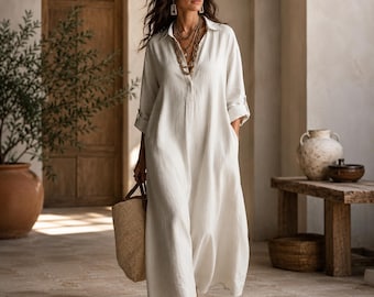 Abito lungo da donna in lino, ampio e stile boho con tasche | Abito camicia lungo casual | Outfit per le vacanze estive al mare