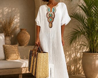 Abito caftano in lino da donna | Copricostume da spiaggia ricamato | Abito lungo estivo in cotone | Caftano boho da resort | Taglie forti S-5XL | 5 colori