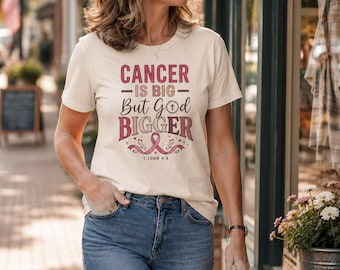 Cancer Is Big But God Bigger T-Shirt | Breast Cancer Awareness Tee