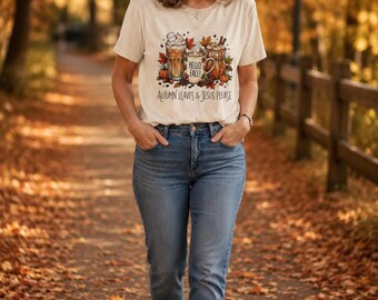 Hello Fall coffee and pumpkin design T-Shirt | Autumn leaves latte tee