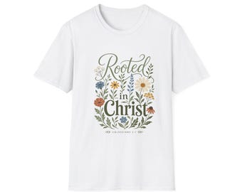 Rooted in Christ T-Shirt | Floral Scripture Design