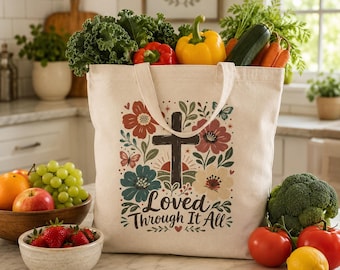 Floral Cross Tote Bag, Loved Through It All Christian Faith Canvas Bag