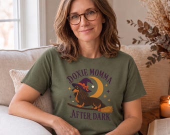 Doxie Momma Witch Dachshund T-Shirt | Halloween Moon Dog Mom Tee