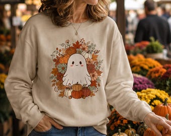 Smiling Ghost Sweatshirt | Autumn Floral Halloween Crewneck