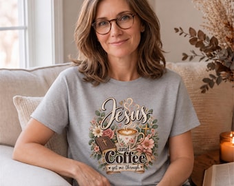 Jesus and Coffee T-Shirt | Floral Cross Coffee Cup Christian Tee