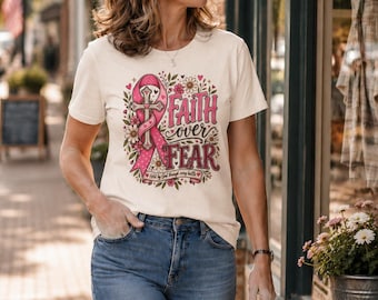 Faith Over Fear T-Shirt | Breast Cancer Ribbon Floral Design