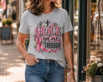 Grace Got Me Through T-Shirt | Breast Cancer Awareness cross floral design