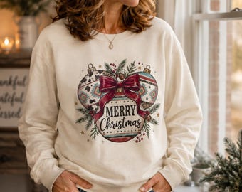 Merry Christmas Ornament Bow sweatshirt | Boho Holiday Pullover, Rustic Xmas Gift for Women